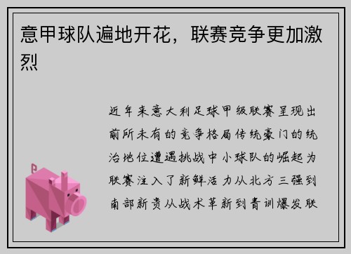 意甲球队遍地开花，联赛竞争更加激烈